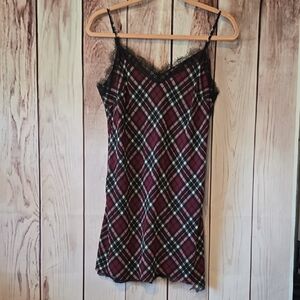 Michael Kors Burgundy Plaid Slip Dress with Black Lace Size 6 (See Comments!)